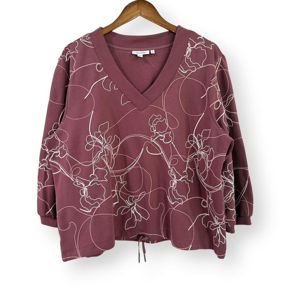 Chicos Zenergy Double-Knit Embroidered Top 3 XL Mauve Pink V-Neck 3/4 Sleeve